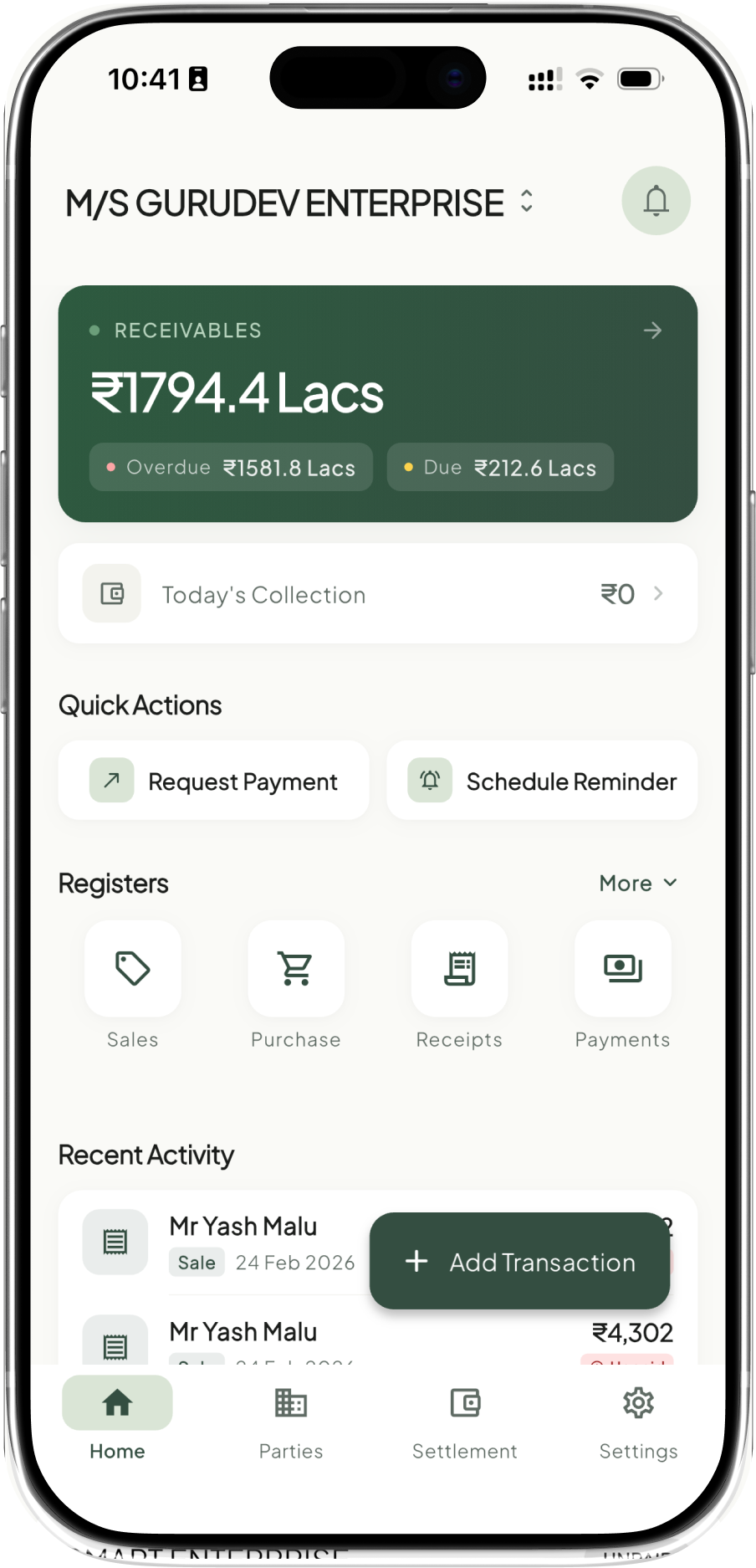 Takkada home screen showing receivables dashboard