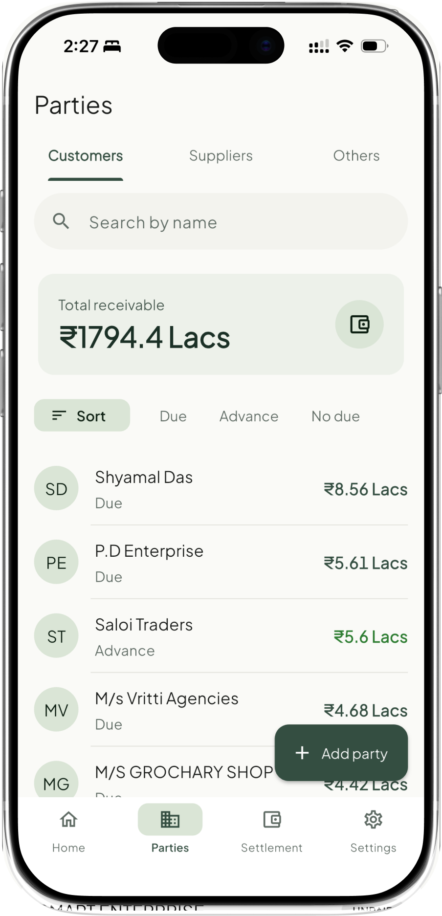 Takkada party list with customer receivables