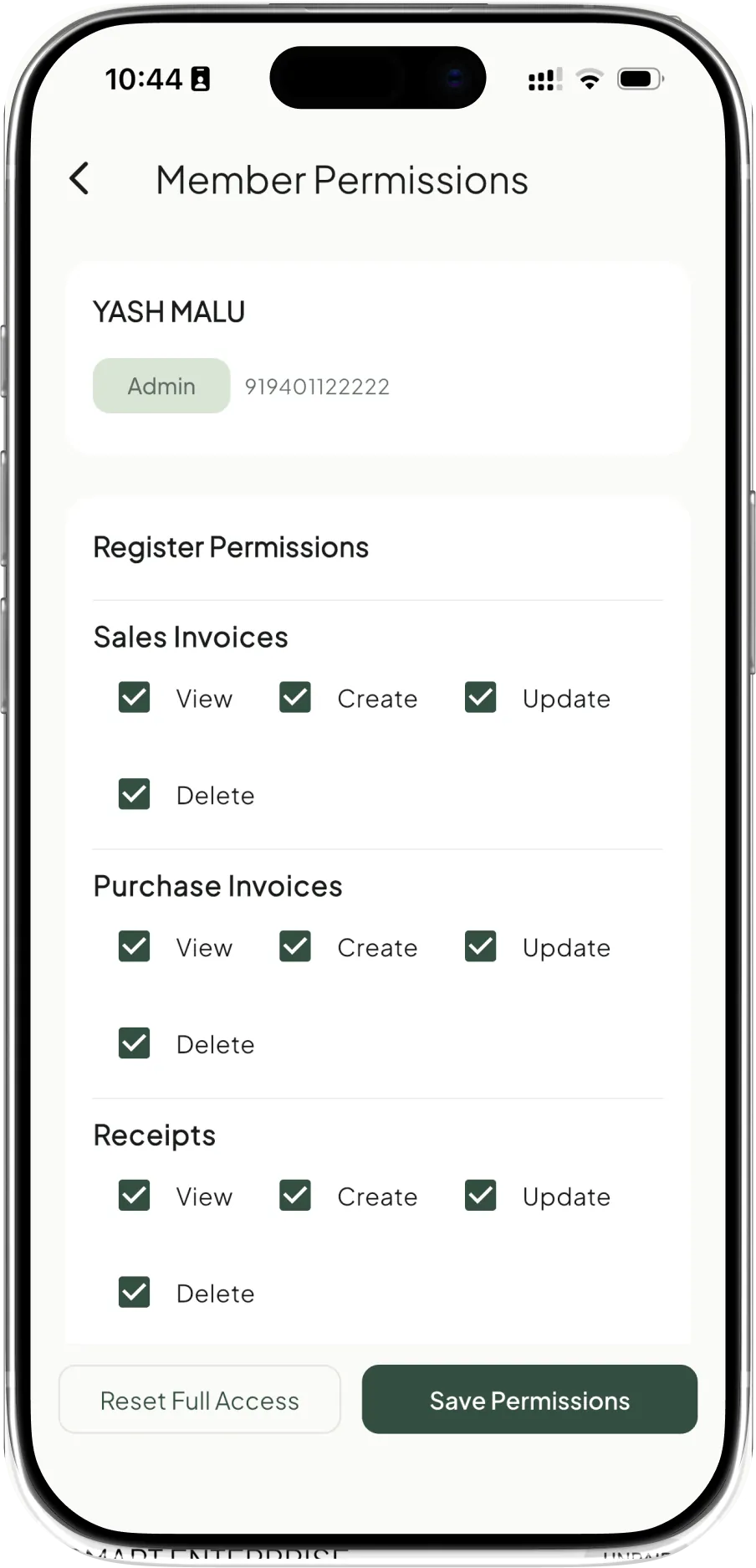 Role-based access settings controlling what each user can see and do