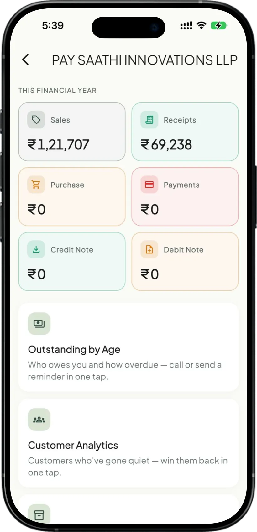 Financial year summary of sales, receipts, purchase and payments in the app