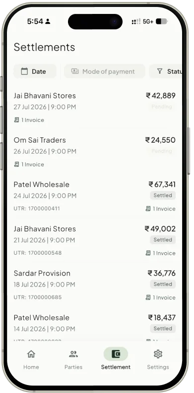 Takkada settlements list showing payments landing in the bank